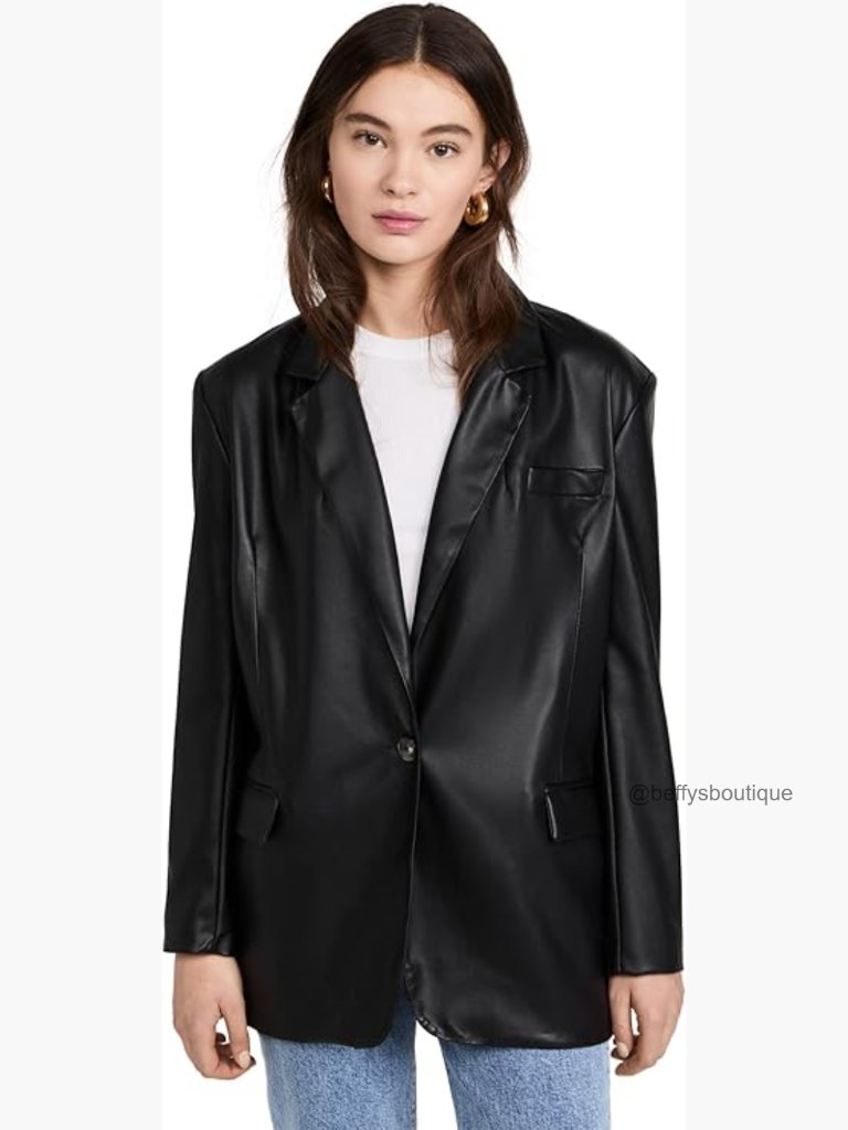 Oversized Faux Leather Blazer With Padded Shoulders And Button Front
